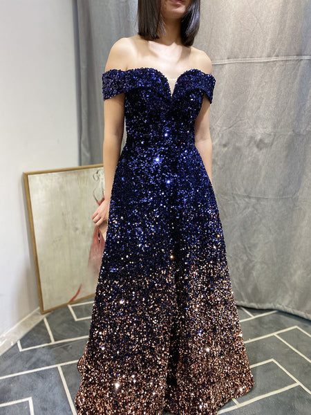 Elegant Luxury Women Gradient Color Change Off Shoulder Sequin Banquet Evening Party Bride Prom Dress Gowns