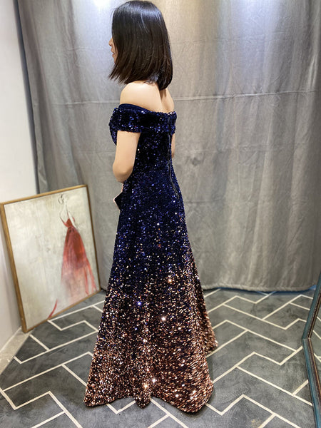 Elegant Luxury Women Gradient Color Change Off Shoulder Sequin Banquet Evening Party Bride Prom Dress Gowns