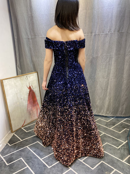 Elegant Luxury Women Gradient Color Change Off Shoulder Sequin Banquet Evening Party Bride Prom Dress Gowns