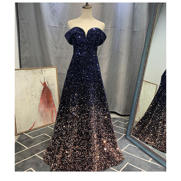 Elegant Luxury Women Gradient Color Change Off Shoulder Sequin Banquet Evening Party Bride Prom Dress Gowns