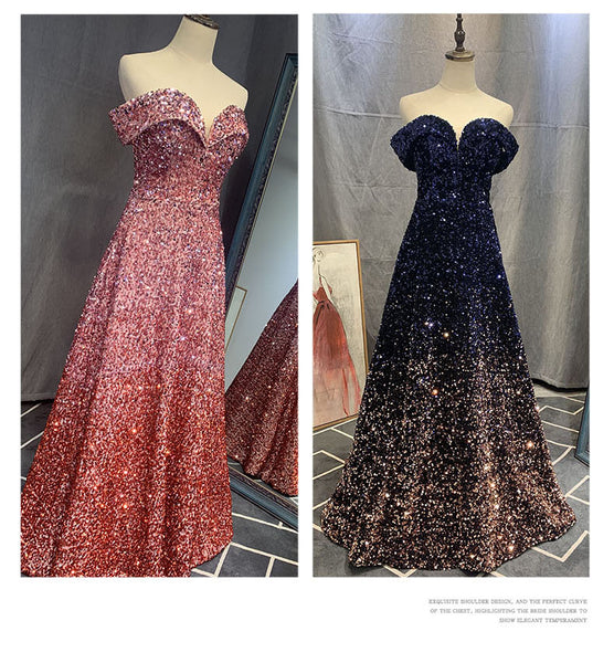 Elegant Luxury Women Gradient Color Change Off Shoulder Sequin Banquet Evening Party Bride Prom Dress Gowns