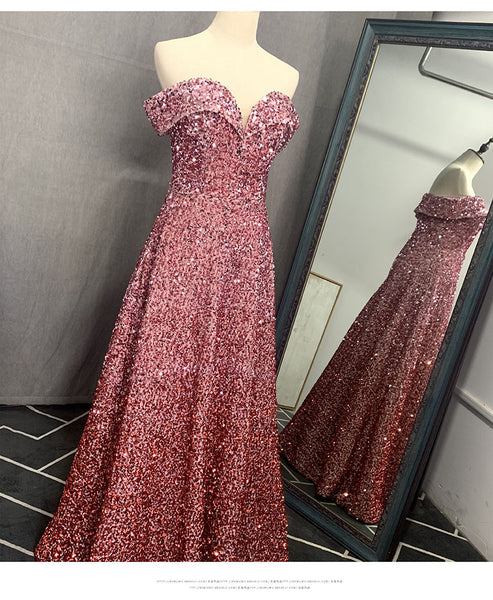 Elegant Luxury Women Gradient Color Change Off Shoulder Sequin Banquet Evening Party Bride Prom Dress Gowns