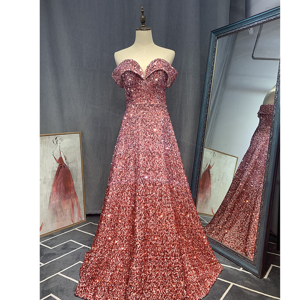 Elegant Luxury Women Gradient Color Change Off Shoulder Sequin Banquet Evening Party Bride Prom Dress Gowns