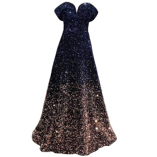 Elegant Luxury Women Gradient Color Change Off Shoulder Sequin Banquet Evening Party Bride Prom Dress Gowns