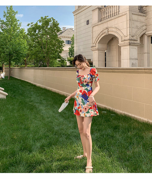 Temperament Summer Women Square Neck Tie Bow Puff Sleeves Colorful Bellflower Skirt A Line Dress