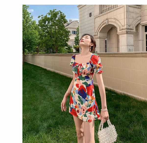 Temperament Summer Women Square Neck Tie Bow Puff Sleeves Colorful Bellflower Skirt A Line Dress
