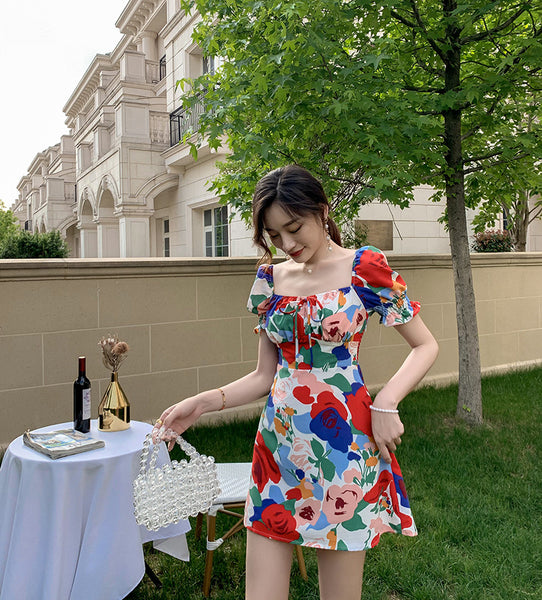 Temperament Summer Women Square Neck Tie Bow Puff Sleeves Colorful Bellflower Skirt A Line Dress