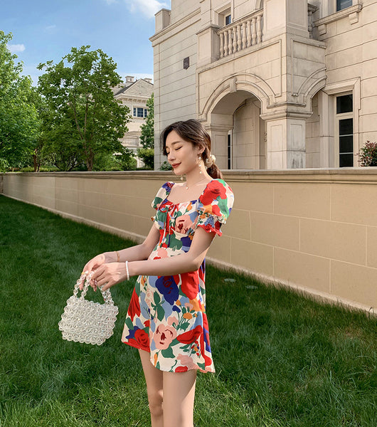 Temperament Summer Women Square Neck Tie Bow Puff Sleeves Colorful Bellflower Skirt A Line Dress