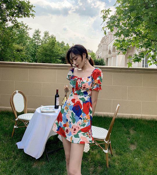 Temperament Summer Women Square Neck Tie Bow Puff Sleeves Colorful Bellflower Skirt A Line Dress
