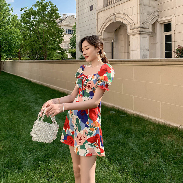 Temperament Summer Women Square Neck Tie Bow Puff Sleeves Colorful Bellflower Skirt A Line Dress