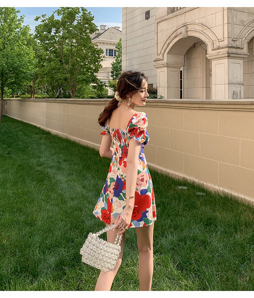 Temperament Summer Women Square Neck Tie Bow Puff Sleeves Colorful Bellflower Skirt A Line Dress