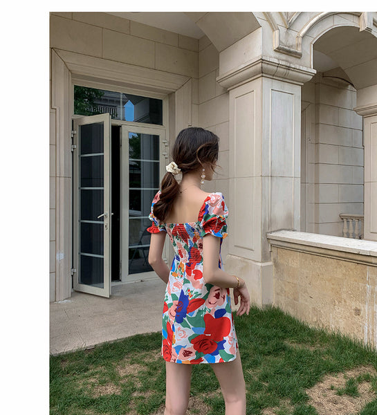 Temperament Summer Women Square Neck Tie Bow Puff Sleeves Colorful Bellflower Skirt A Line Dress
