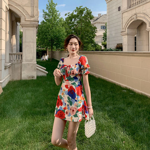 Temperament Summer Women Square Neck Tie Bow Puff Sleeves Colorful Bellflower Skirt A Line Dress