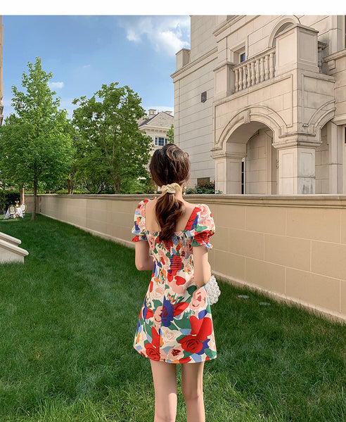 Temperament Summer Women Square Neck Tie Bow Puff Sleeves Colorful Bellflower Skirt A Line Dress