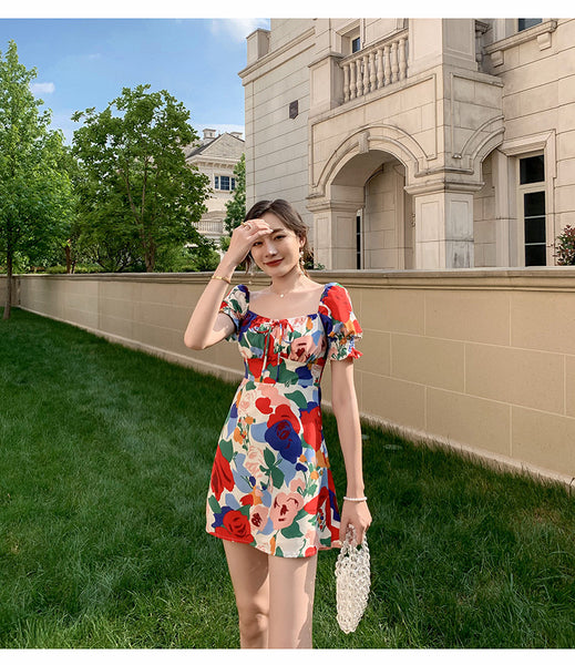 Temperament Summer Women Square Neck Tie Bow Puff Sleeves Colorful Bellflower Skirt A Line Dress