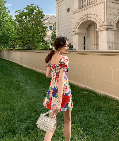 Temperament Summer Women Square Neck Tie Bow Puff Sleeves Colorful Bellflower Skirt A Line Dress