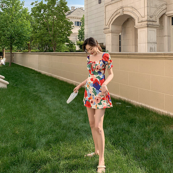 Temperament Summer Women Square Neck Tie Bow Puff Sleeves Colorful Bellflower Skirt A Line Dress