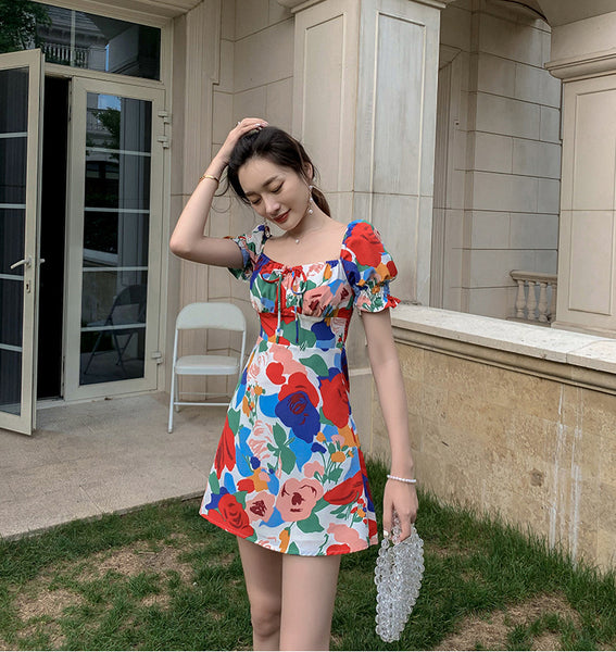 Temperament Summer Women Square Neck Tie Bow Puff Sleeves Colorful Bellflower Skirt A Line Dress