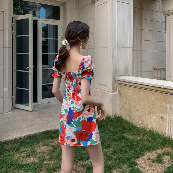 Temperament Summer Women Square Neck Tie Bow Puff Sleeves Colorful Bellflower Skirt A Line Dress