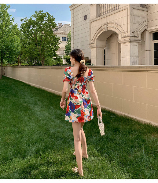 Temperament Summer Women Square Neck Tie Bow Puff Sleeves Colorful Bellflower Skirt A Line Dress