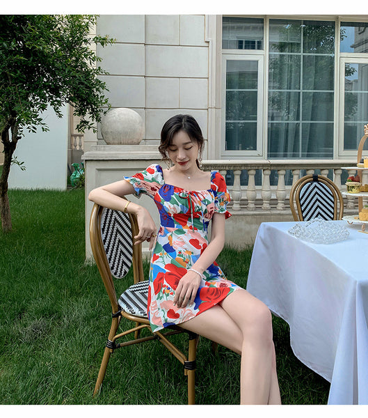 Temperament Summer Women Square Neck Tie Bow Puff Sleeves Colorful Bellflower Skirt A Line Dress