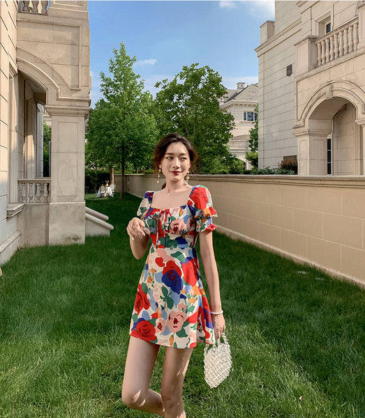 Temperament Summer Women Square Neck Tie Bow Puff Sleeves Colorful Bellflower Skirt A Line Dress
