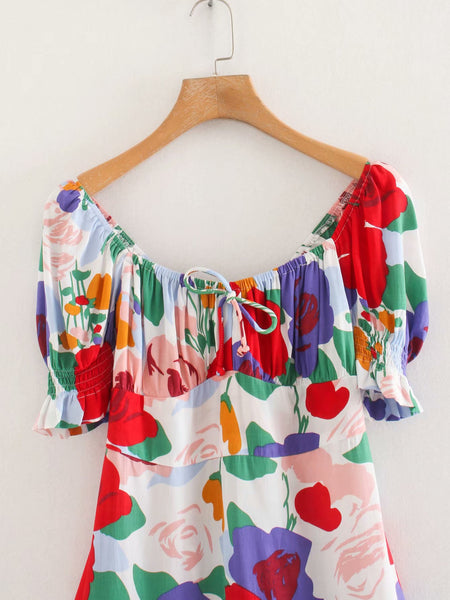 Summer Beautiful Women Retro Floral Printed Square Neck Pleated Sleeves A Line Dress