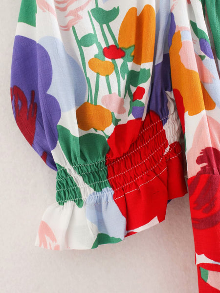 Summer Beautiful Women Retro Floral Printed Square Neck Pleated Sleeves A Line Dress