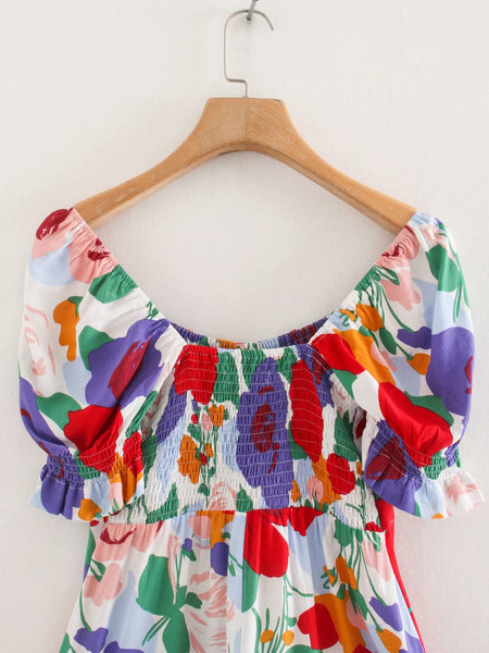 Summer Beautiful Women Retro Floral Printed Square Neck Pleated Sleeves A Line Dress