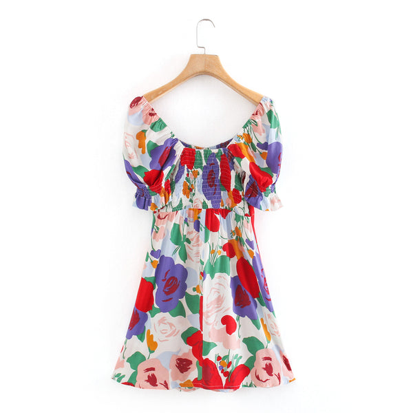 Summer Beautiful Women Retro Floral Printed Square Neck Pleated Sleeves A Line Dress