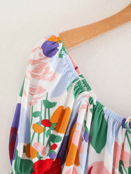 Summer Beautiful Women Retro Floral Printed Square Neck Pleated Sleeves A Line Dress