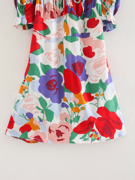 Summer Beautiful Women Retro Floral Printed Square Neck Pleated Sleeves A Line Dress