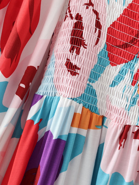 Summer Beautiful Sweet Style Women Retro Floral Printed Square Neck Long Sleeves A Line Dress