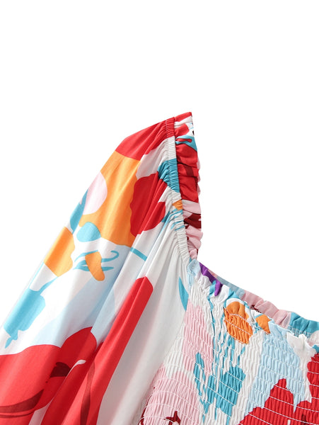 Summer Beautiful Sweet Style Women Retro Floral Printed Square Neck Long Sleeves A Line Dress