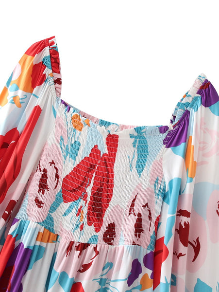 Summer Beautiful Sweet Style Women Retro Floral Printed Square Neck Long Sleeves A Line Dress