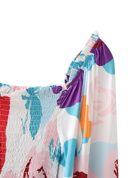 Summer Beautiful Sweet Style Women Retro Floral Printed Square Neck Long Sleeves A Line Dress