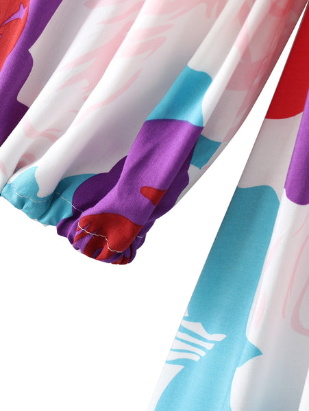 Summer Beautiful Sweet Style Women Retro Floral Printed Square Neck Long Sleeves A Line Dress