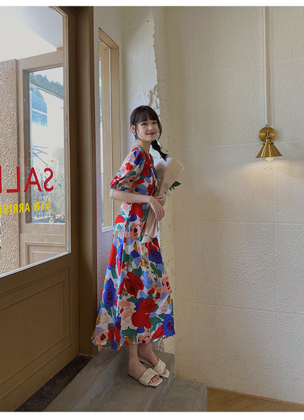 Summer Beautiful Sweet Style Women Retro High Waist Floral Printed V-neck Short Puff Sleeves A Line Dress