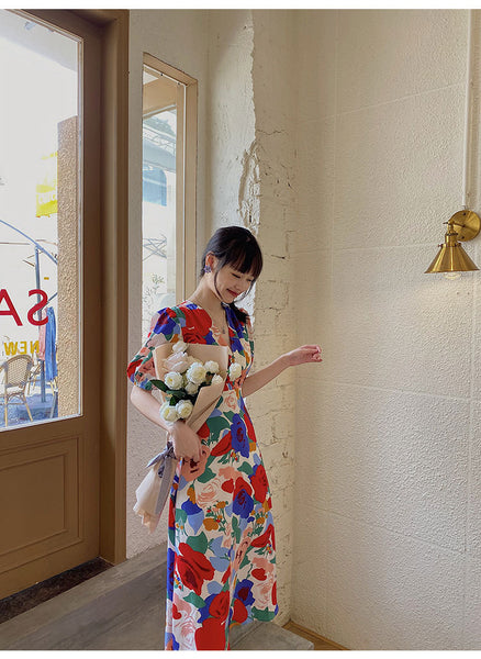 Summer Beautiful Sweet Style Women Retro High Waist Floral Printed V-neck Short Puff Sleeves A Line Dress