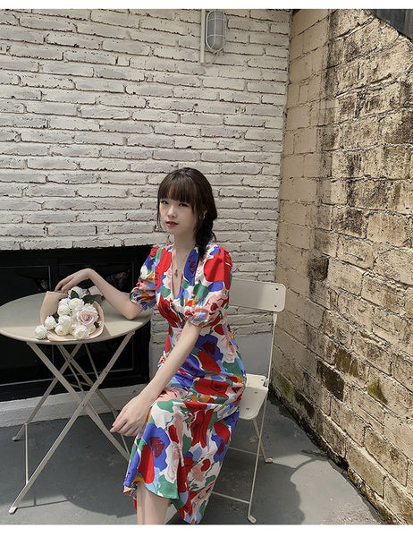 Summer Beautiful Sweet Style Women Retro High Waist Floral Printed V-neck Short Puff Sleeves A Line Dress