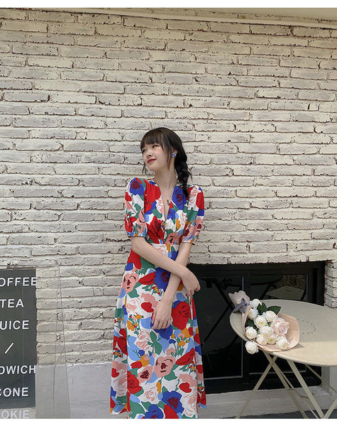 Summer Beautiful Sweet Style Women Retro High Waist Floral Printed V-neck Short Puff Sleeves A Line Dress