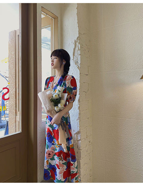 Summer Beautiful Sweet Style Women Retro High Waist Floral Printed V-neck Short Puff Sleeves A Line Dress