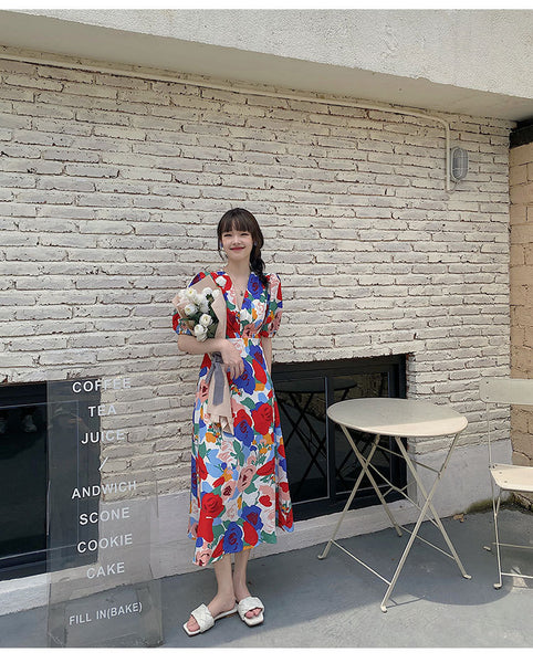 Summer Beautiful Sweet Style Women Retro High Waist Floral Printed V-neck Short Puff Sleeves A Line Dress