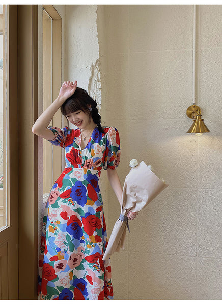 Summer Beautiful Sweet Style Women Retro High Waist Floral Printed V-neck Short Puff Sleeves A Line Dress