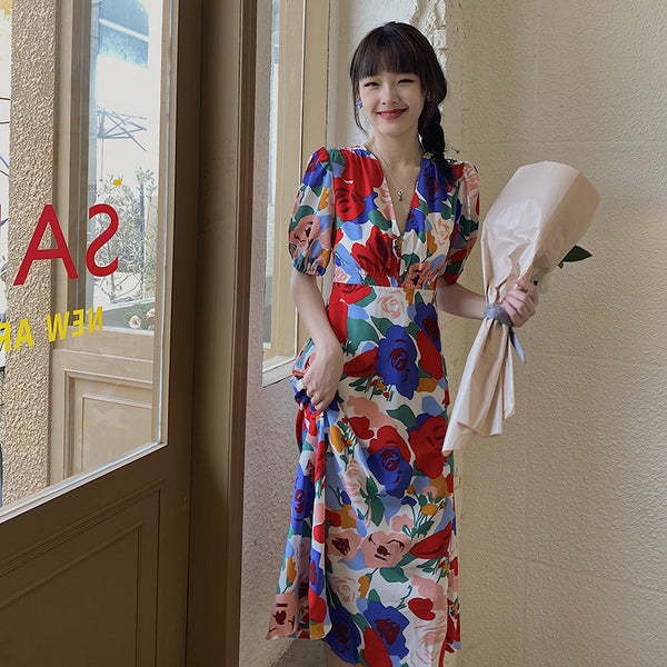 Summer Beautiful Sweet Style Women Retro High Waist Floral Printed V-neck Short Puff Sleeves A Line Dress