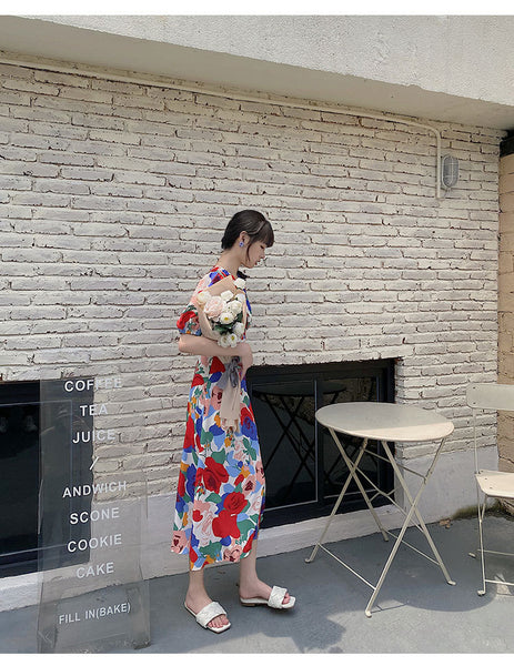 Summer Beautiful Sweet Style Women Retro High Waist Floral Printed V-neck Short Puff Sleeves A Line Dress