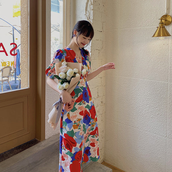 Summer Beautiful Sweet Style Women Retro High Waist Floral Printed V-neck Short Puff Sleeves A Line Dress