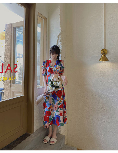 Summer Beautiful Sweet Style Women Retro High Waist Floral Printed V-neck Short Puff Sleeves A Line Dress