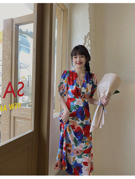 Summer Beautiful Sweet Style Women Retro High Waist Floral Printed V-neck Short Puff Sleeves A Line Dress