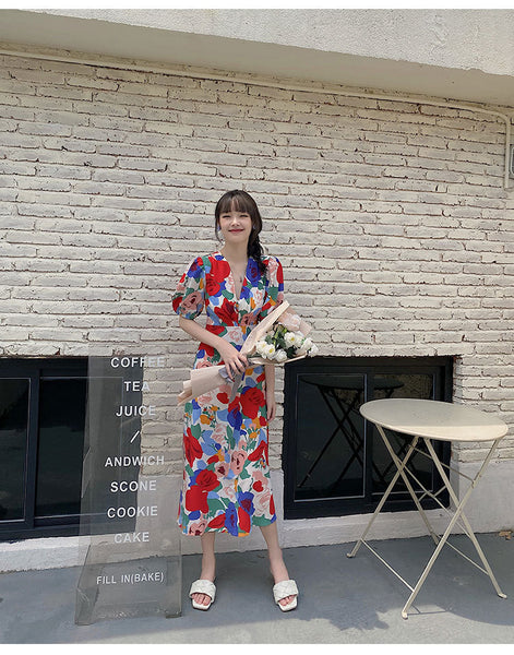 Summer Beautiful Sweet Style Women Retro High Waist Floral Printed V-neck Short Puff Sleeves A Line Dress